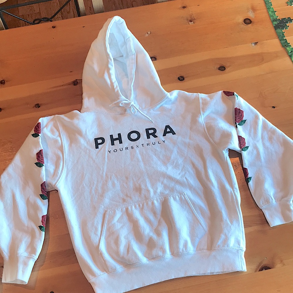 Beautiful PHORA white hoodie with red roses on both sleeves
